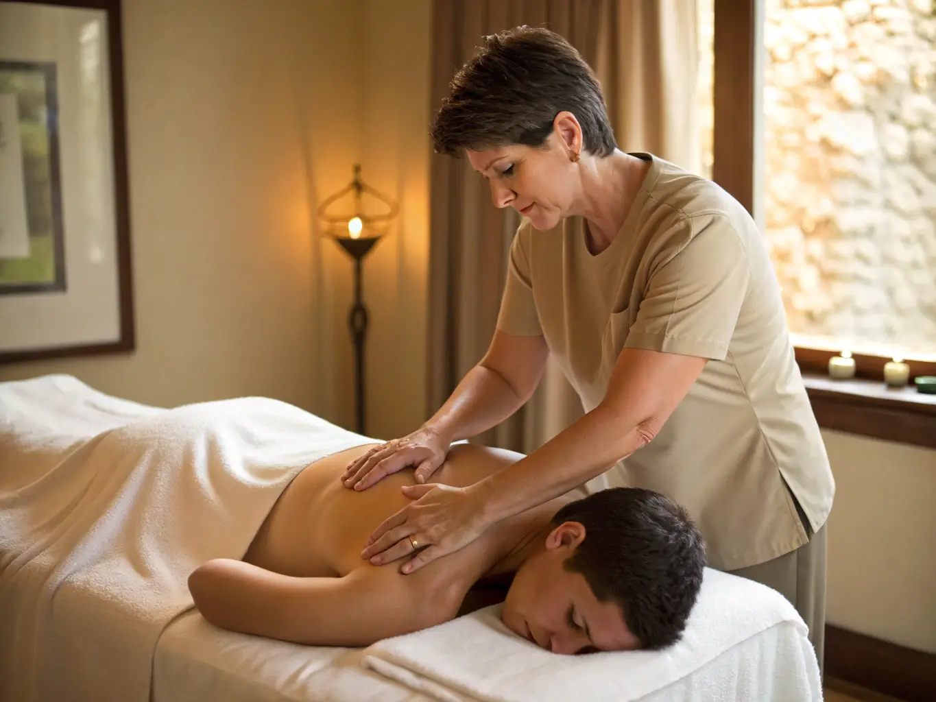 A massage therapist applying gentle pressure to a patient's back muscles during a therapeutic massage session in a calming, dimly lit room.