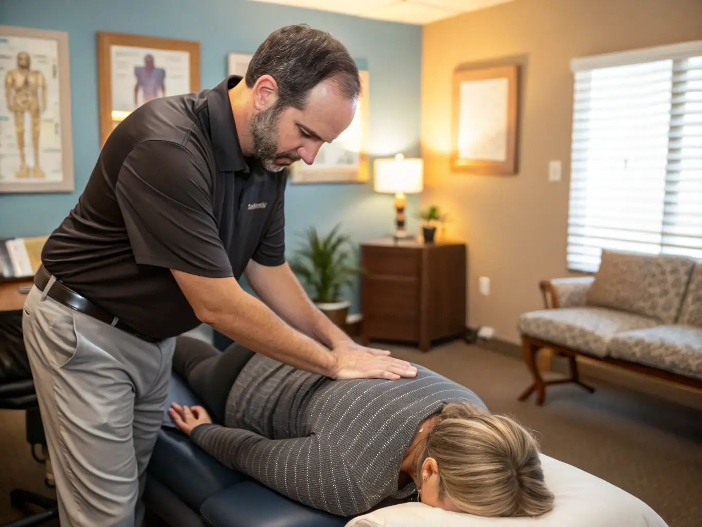 A chiropractor performing a precise spinal adjustment on a patient, focusing on the neck area, in a well-lit, modern clinic setting. The patient appears relaxed and comfortable.