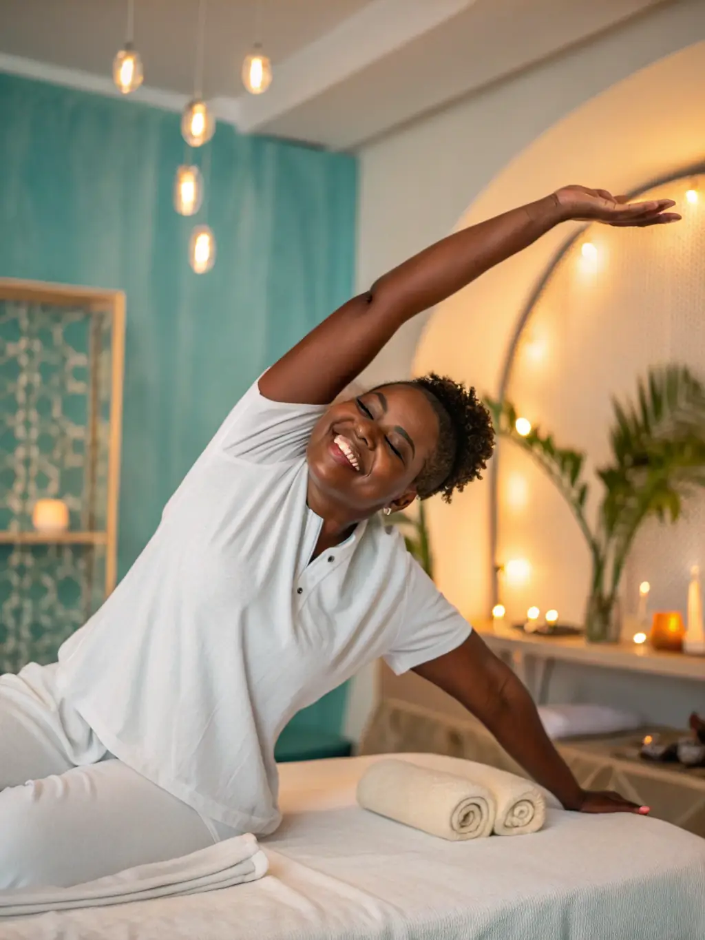 A patient demonstrating improved range of motion after receiving chiropractic treatment, highlighting enhanced mobility.