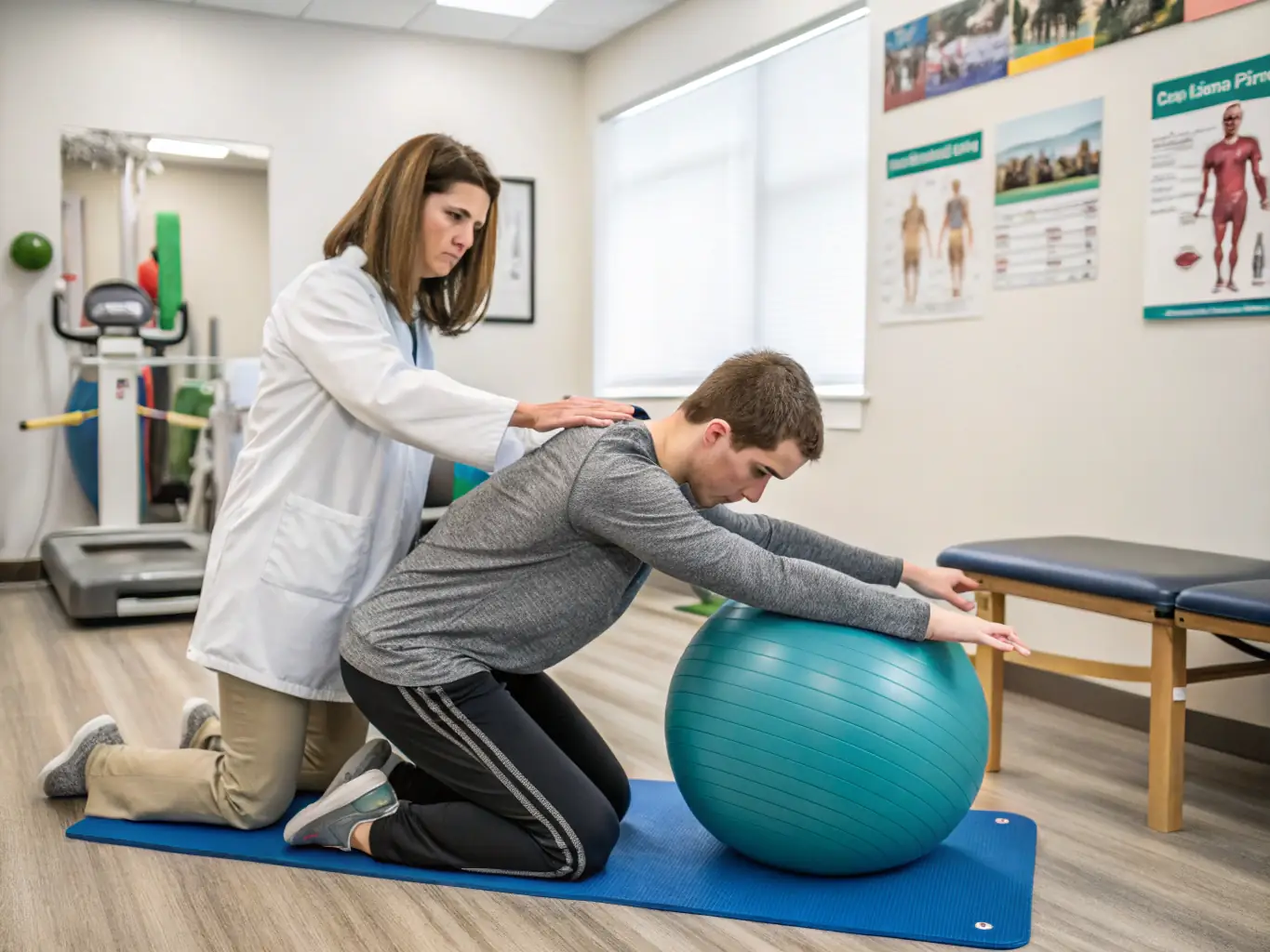 A patient performing a series of rehabilitation exercises with guidance from a chiropractor in a spacious, well-equipped therapy area.