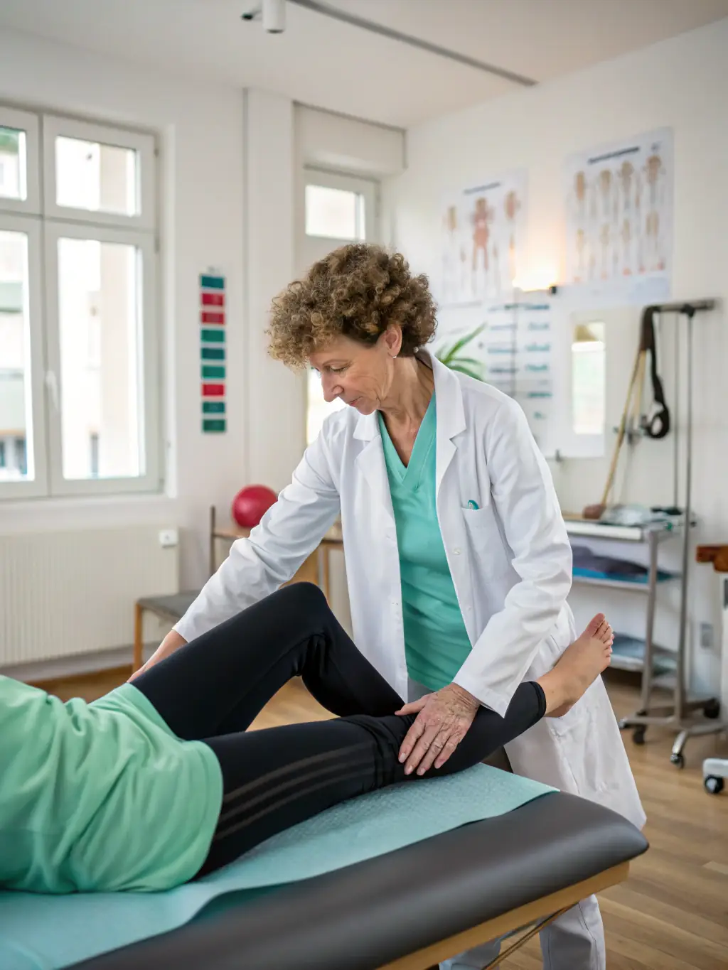 A patient performing rehabilitation exercises under the guidance of a therapist, emphasizing the importance of strengthening and flexibility at Beshel Chiropractic.